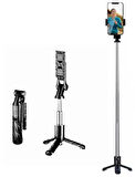 K03 Siyah Kablosuz Kumandalı Telefon Selfie Çubuğu Monopod Ayaklı Tripod Bluetooth Dikey veya Yatay