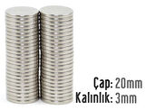 Neodyum Mıknatıs Silindir Çap 20mm , Kalınlık 3mm   ( 3 Adet)