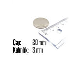 Neodyum Mıknatıs Silindir Çap 20mm , Kalınlık 3mm   ( 3 Adet)
