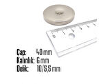 Neodyum Mıknatıs Yuvarlak Havşalı Çap 40mm (delik 10/5.5mm) Kalıklık 6mm 1 Adet