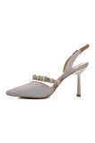 Ayakmod 544012 Gümüş Saten Kadın Taşlı Abiye Ayakkabı