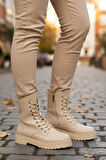 Bej Cilt Kürklü Bağcıklı Fermuarlı Kaymaz Kadın Bot 525383 Z