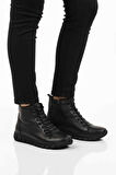 Siyah Hakiki Deri İçi Polarlı Kaymaz Fermuarlı Kadın Bot 3910 Z