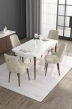 Noa Serisi 80x132 Açılabilir Mdf Beyaz Masa Ceviz Ayak Masa Takımı 4 Krem Sandalye