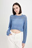 DeFacto Regular Fit Bisiklet Yaka Kroşe Ajurlu Delikli Crop Triko Kazak T4513AZ24AUBE113