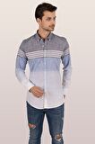 Panolu Gri Mavi Slimfit Keten Gömlek