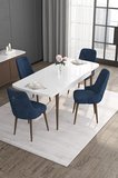 Noa Serisi 80x132 Mdf Açılabilir Beyaz Masa Ceviz Ayak Masa Takımı 4 Lacivert Sandalye