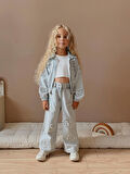 Kız Çocuk Mavi Kot Ceketli Pantolonlu Jean Takım