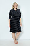 Çizgili Kadife Fermuarlı Cepli Büyük Beden Pamuklu Kadife Elbise