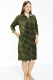 Çizgili Kadife Fermuarlı Cepli Büyük Beden Pamuklu Kadife Elbise