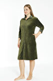 Çizgili Kadife Fermuarlı Cepli Büyük Beden Pamuklu Kadife Elbise