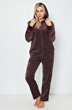 Kapüşonlu Bordo Nakış Detaylı Fermuarlı Uzun Kollu Pamuklu Kadife Kadın Alt-Üst Eşofman takımın
