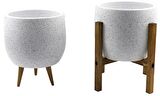 Bitki Tasarımı Ev Dekorasyon Aksesuar Beyaz Granit Toprak Saksı Saksılık Salon Çiçeklik İkili Set 3 Ayaklı- 4 Ayaklı- 19 CM