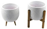 Bitki Tasarımı Ev Dekorasyon Aksesuar Beyaz Granit Toprak Saksı Saksılık Salon Çiçeklik İkili Set 3 Ayaklı- 4 Ayaklı- 19 CM