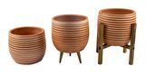 Bitki Tasarımı Ev Dekorasyon Yan Çizgi Desenli Toprak Saksı Saksılık Salon Çiçeklik Üçlü Set - 19 CM