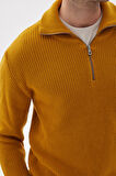 Yarım Fermuarlı Selanik Örgü Regular Fit Pamuklu Erkek Safran Triko Kazak 