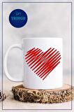 Baskılı Kupa Bardak Seramik Mug - Çizgi Kırmızı Kalp