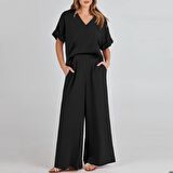 Barbora Zarif Kadin T-shirt ve Uzun Pantolon Alt Üst İkili Takım V Yaka Kısa Kollu Salaş Rahat Elbise  ln27siyah