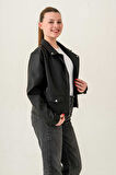 Çift Cepli Astarlı Fermuarlı Kadın Deri Ceket