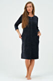 Kadın Lacivert Çizgili Fermuarlı Cepli Kadife Elbise
