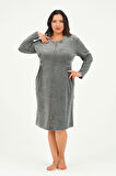 Kadın Fermuarlı Cepli Büyük Beden Pamuklu Kadife Elbise