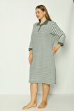 Kadın Çizgi Desenli Cepli Truvakar Kollu Düğmeli Büyük Beden Pamuklu Jakar Elbise