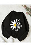 Papatya Baskı Detaylı Bisiklet Yaka İçi Polarlı Sweatshirt