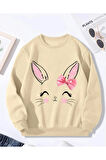 Sevimli Tavşan Baskı Detaylı Bisiklet Yaka İçi Polarlı Sweatshirt