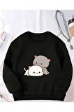 Kedi Baskılı Bisiklet Yaka İçi Polarlı Sweatshirt