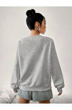 Mor Çiçek Demeti Baskı Detaylı Bisiklet Yaka İçi Polarlı Sweatshirt