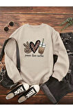 Peace Love Detaylı Bisiklet Yaka İçi Polarlı Sweatshirt