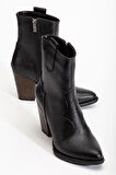 117 Siyah Kovboy Dikiş Detaylı Fermuarlı  Yüksek Topuklu Günlük Kadın Bot