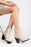 117 Bej Kovboy Dikiş Detaylı Fermuarlı  Yüksek Topuklu Günlük Kadın Bot