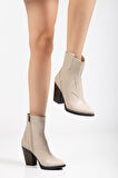 117 Bej Kovboy Dikiş Detaylı Fermuarlı  Yüksek Topuklu Günlük Kadın Bot