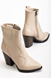 117 Bej Kovboy Dikiş Detaylı Fermuarlı  Yüksek Topuklu Günlük Kadın Bot