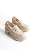 K-706 Bej Kırışık Rugan Yüksek Tabanlı Loafer Ayakkabı  