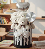 Öğretmen'e Hediye: Atatürk Temalı Aynalı Çizgili Premium Kutuda, Kalpli Balonlu 6’lı Beyaz Ayıcık Buketi-24 Kasım Öğretmenler Günü Hediyesi