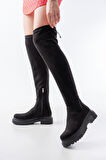 Mengü 812-2194 Siyah Süet Fermuarlı Diz Üstü Bağcıklı Çorap Günlük Kadın Çizme