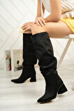 SYT-2002 Siyah Süet Körüklü Kalın Topuklu Günlük Kadın Çizme
