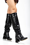SYT-2002 Siyah Kırışık Rugan Körüklü Kalın Topuklu Günlük Kadın Çizme