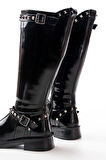 02-307 Siyah Rugan Düz Topuklu Günlük Kadın Binici Çizme