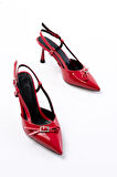 İNF-2300 Kırmızı Rugan Günlük Arkası Açık Fiyonklu Topuklu Kadın Ayakkabı