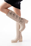 Bej Topuklu Fermuarlı Toka Aksesuarlı Günlük Kadın Çizme5109-3015Kadın çizme