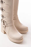 Bej Topuklu Fermuarlı Toka Aksesuarlı Günlük Kadın Çizme5109-3015Kadın çizme