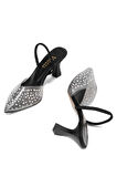 V-1005 Siyah Günlük Arkası Açık Taşlı Topuklu Kadın Ayakkabı