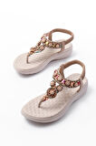 DM-609 Bej Taşlı Arka Lastikli Parmak Arası Kadın Sandalet  