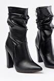 VRT-4815 Siyah Yüksek Kalın Topuklu Körüklü Fermuarlı Kadın Bot