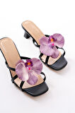 S-622 Siyah Mor Orkide Detaylı İnce Topuklu Kadın Terlik  