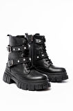 842-03 Siyah Bağcıklı Kalın Tabanlı Bağcıklı Fermuarlı Günlük Kadın Bot