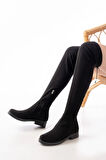 Streç Siyah Süet Diz Üstü Fermuarlı Günlük Kadın Çizme-165Kadın çizme